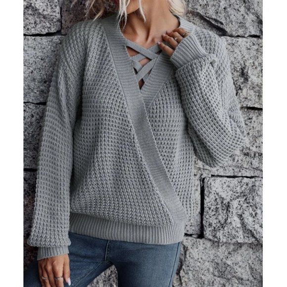 Casual Boho Criss Cross Surplice Neck knit Sweater Top - Picture 5 of 7